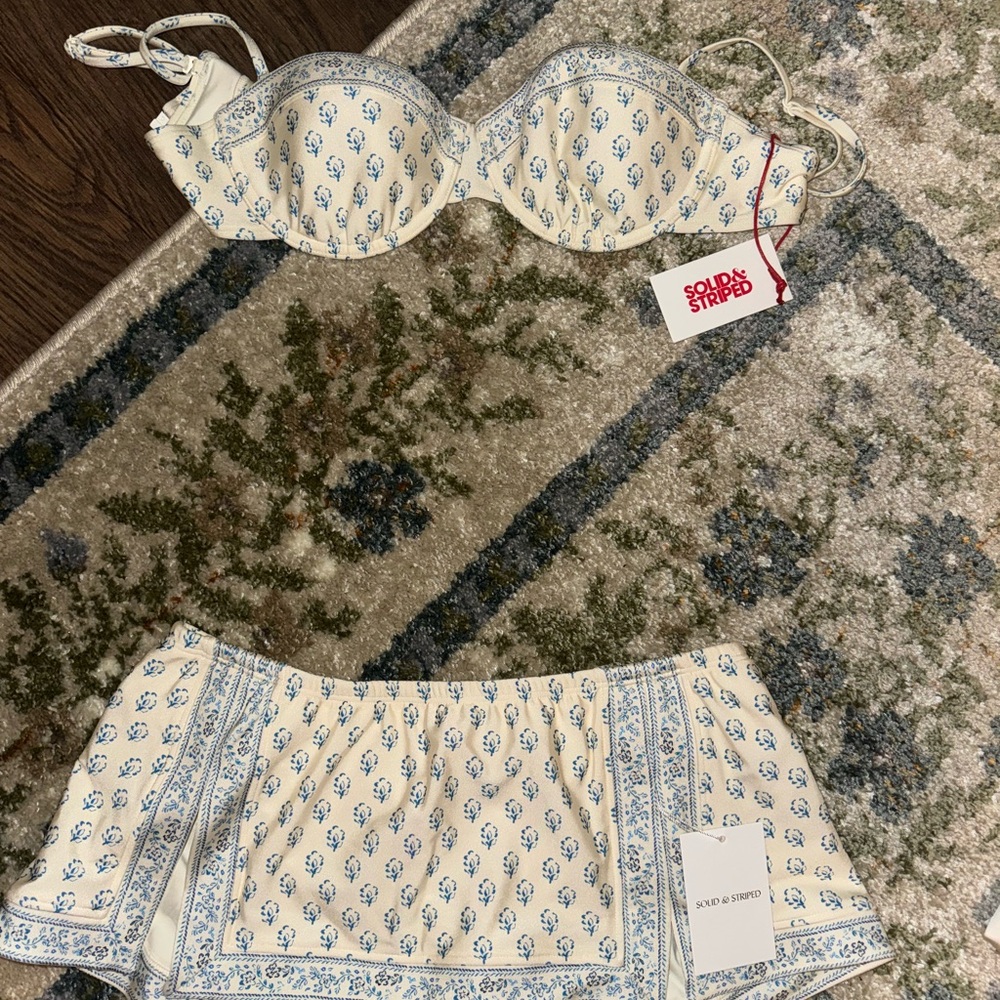 SOLID & STRIPED Blue Patterned Cream bikini set NEW
